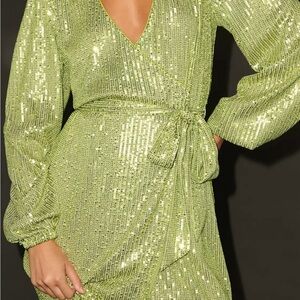Lulu's Shimmering Green Sequin Long Sleeve Dress